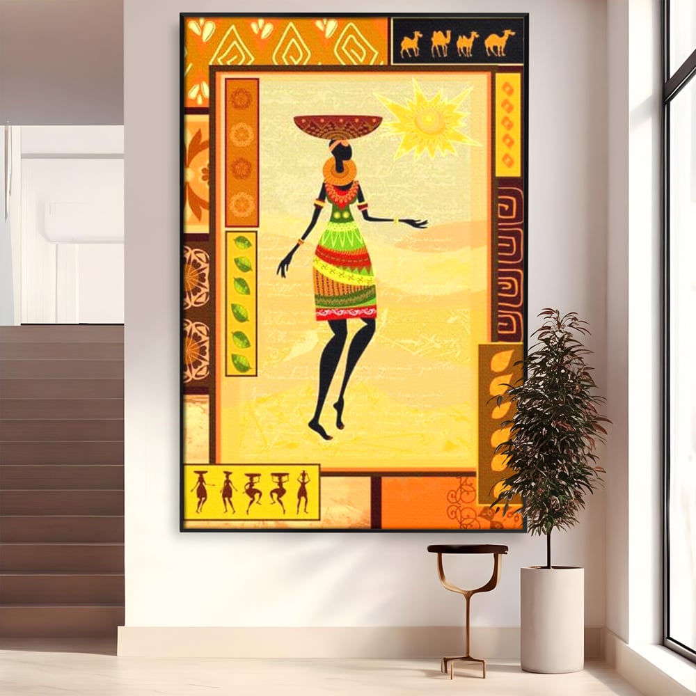 Tablou canvas cu tablou canvas cu silueta feminina african, in rama de aluminiu negru